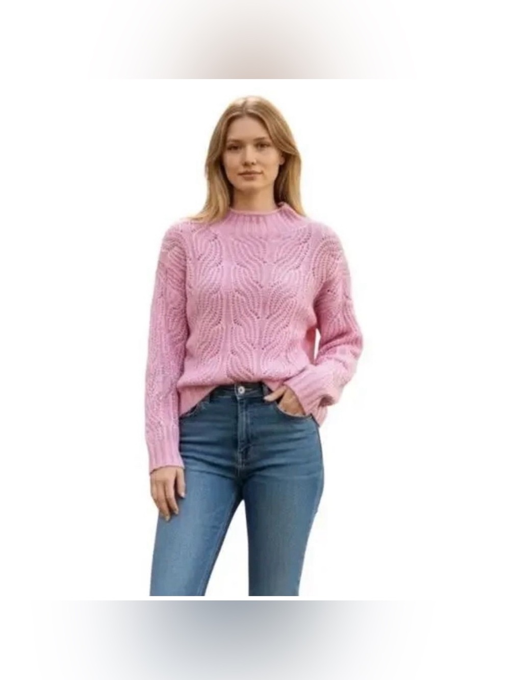 J. Crew Pink Lavender Cable-Knit Pointelle Mock Neck Alpaca Blend Sweater Size M